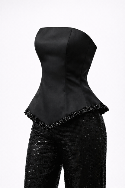 Siyah Straplez Boncuk Detay Abiye Tulum